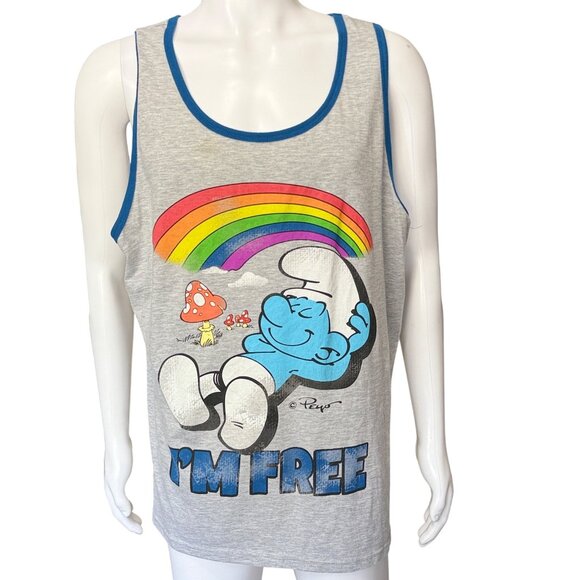 The Smurfs Tank Top Mens 2XL Gray Cotton Blend Graphic Rainbow I’M Free Print - Picture 1 of 4